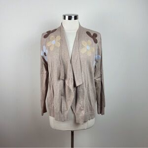 Aaeda Brown Tan Blue Floral Open Front Long Sleeve Cardigan Sweater Women Large